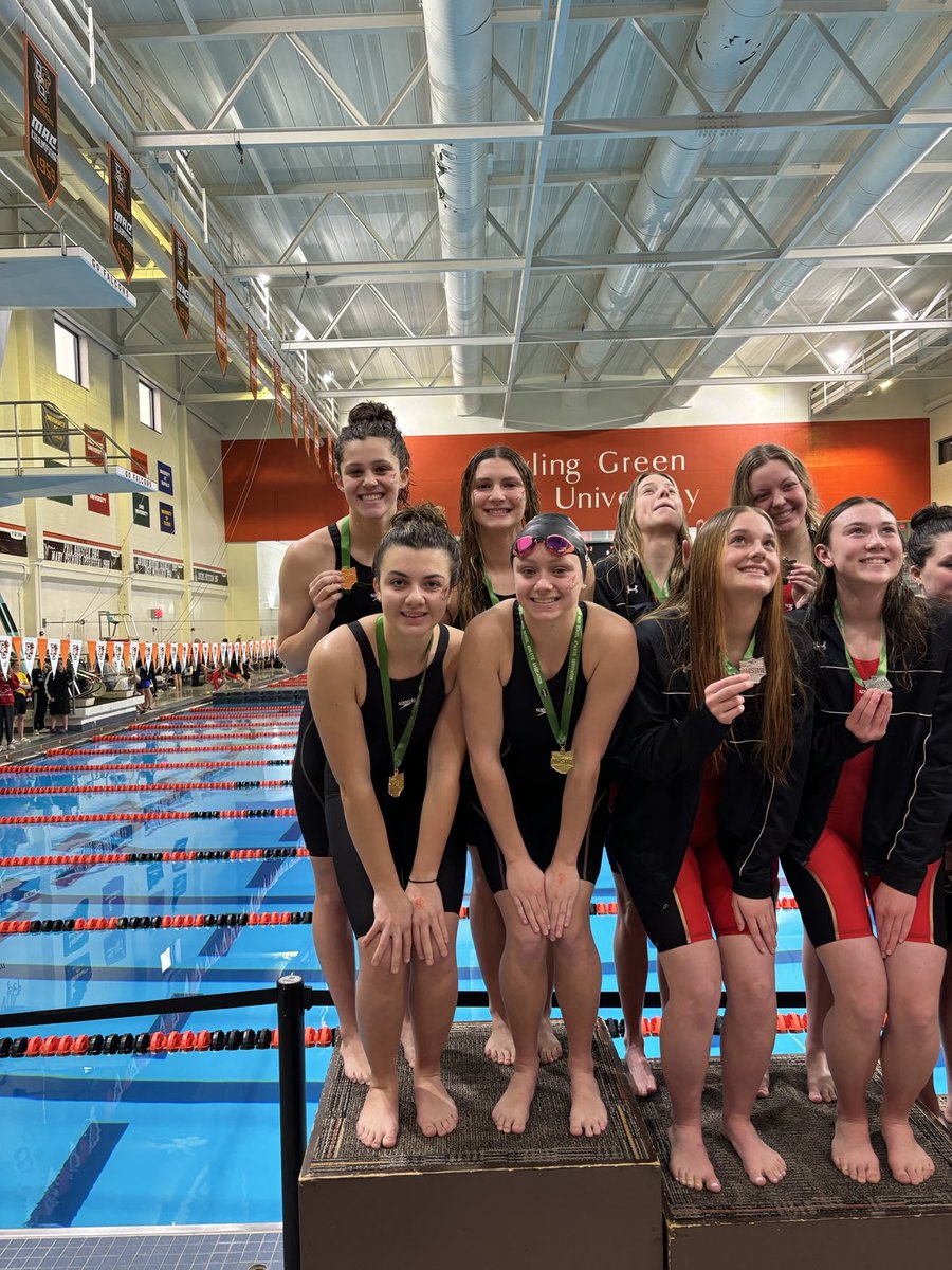OHHSwimming's tweet photo. The Girls Medley Relay team of Paige Krupp, Alyse Sorg, Marissa Mapes, and Camryn Brown start off right with a win and punch their ticket to state! 🚀 https://t.co/OZ9to9HENt