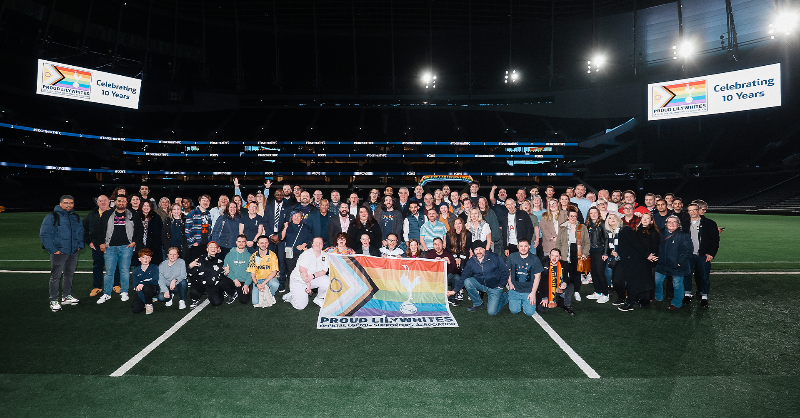 SpursOfficial's tweet photo. Tomorrow’s match against Wolves will see the Club celebrate 10 years of @SpursLGBT – our LGBTQI+ supporters’ association. 

Last night, a special celebration event was held at @SpursStadium, with over 100 Proud Lilywhites members and allies in attendance. #ProudLilywhites10