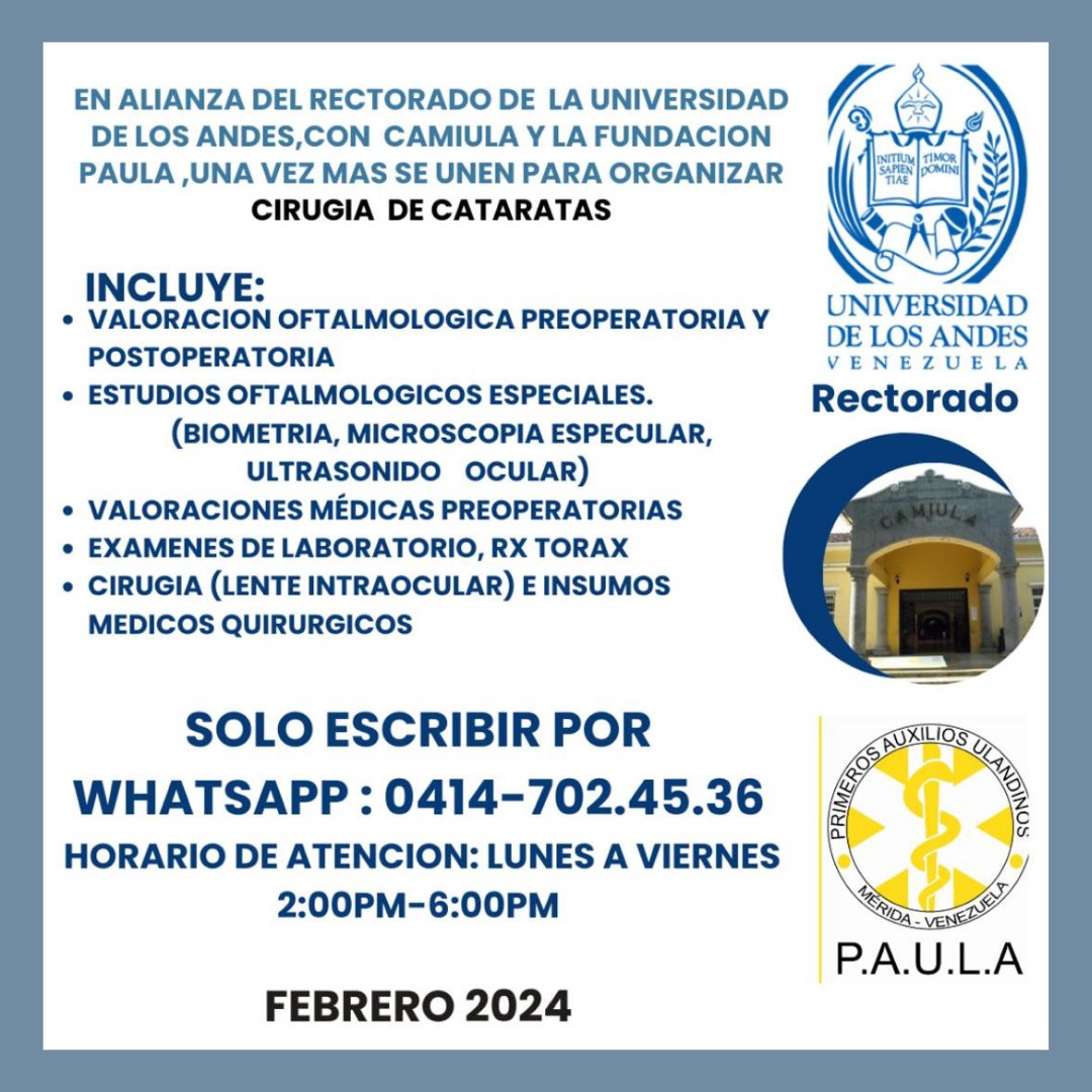 Tercera Jornada de Cirugía de Cataratas
Programa de salud realizado de la mano con #CAMIULA y el #sectorprivado. 
Para saber los detalles de este procedimiento, escríbenos por el WhatsApp al 0414-702-45-36, en horario de 2:00 p.m a 6:00 p.m, de lunes a viernes.
#16defeb