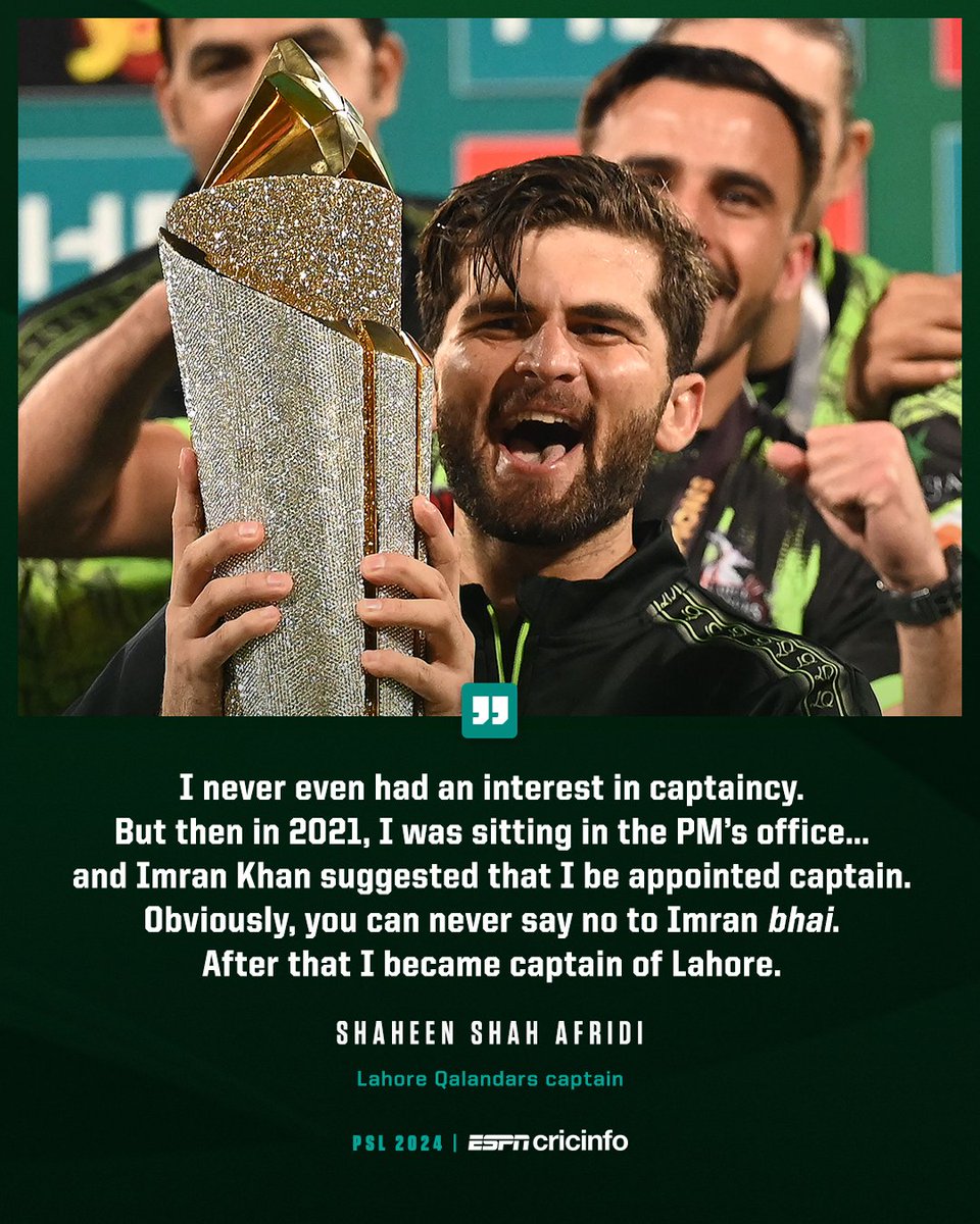 cricinfo's tweet photo. Shaheen Afridi credits Imran Khan as the reason he became Lahore Qalandars captain

https://t.co/jSCCZ9JjTL #PSL2024 https://t.co/eAA6cpDTlV