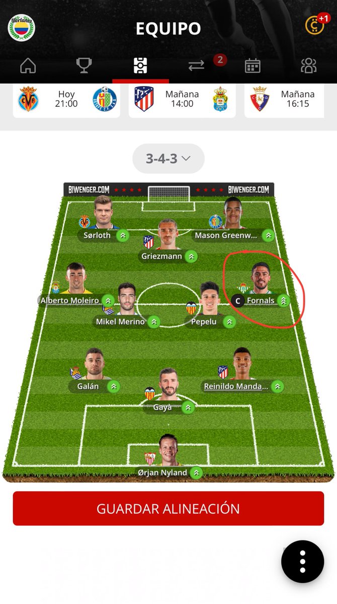 LaosBur's tweet photo. Sabéis si puedo dejar a Fornals de capitán si guardé ayer la alineación? (Tenemos limitado el capitán a 6M y hoy vale 6.08M) @biwenger @DudasFootball https://t.co/o7sHN5lA1m