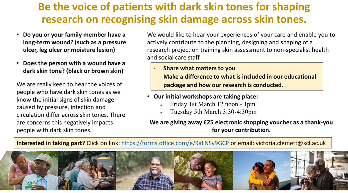 v_clemett's tweet photo. Please share and support our national patient and public involvement workshops on improving the recognition of  skin damage. We are really keen to hear the voices of patients with dark skin tones (black or brown skin), or their family, in these workshops. https://t.co/2RJO563TGv https://t.co/pZ6J0fIy1D