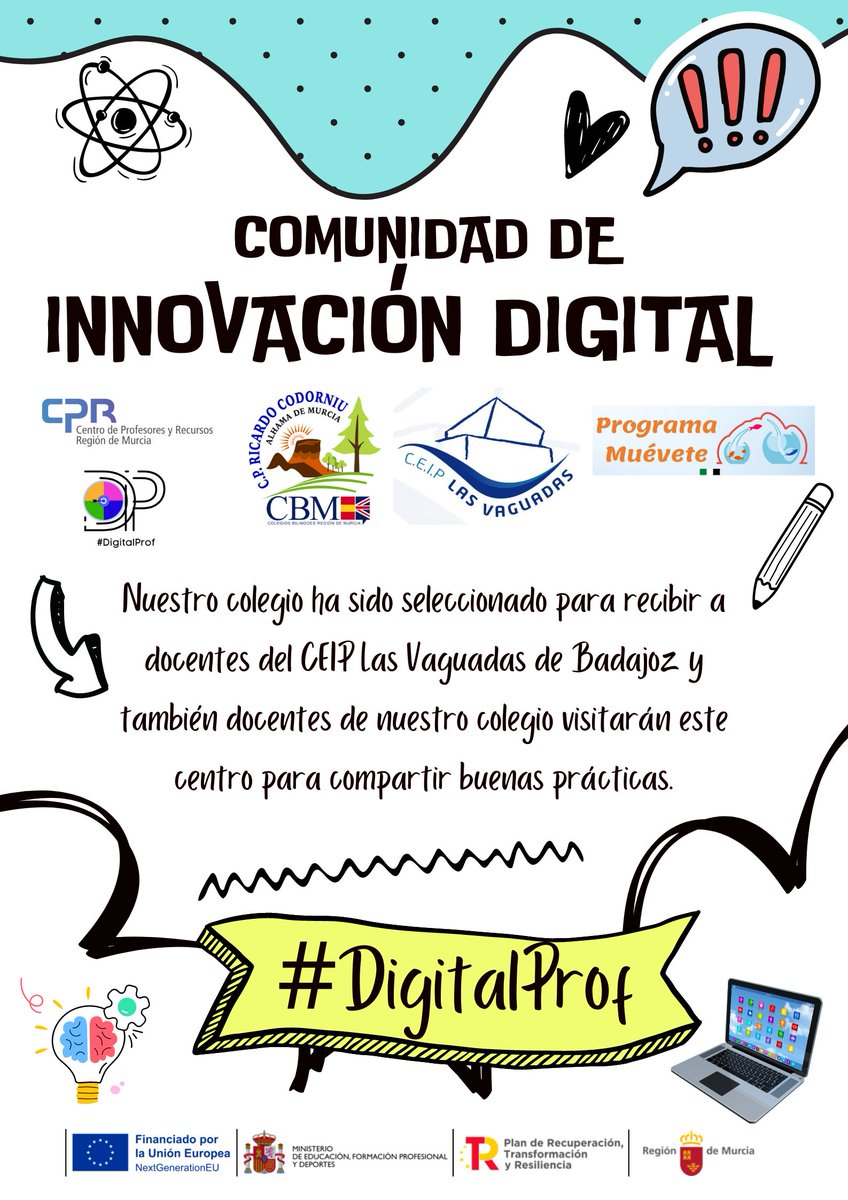 CEIP_R_Codorniu's tweet photo. Nuestro centro ha sido seleccionado para representar a la Región de Murcia en el programa “Comunidad de Innovación Digital Nacional”
Compartiremos buenas prácticas con el @CEIPLasVaguadas de Badajoz.
#DigitalProf
@Educarm
@innovaedum
@Sifopcarm
@CPRRegionMurcia
@DigitalProf_RM https://t.co/BUidBLs5hv
