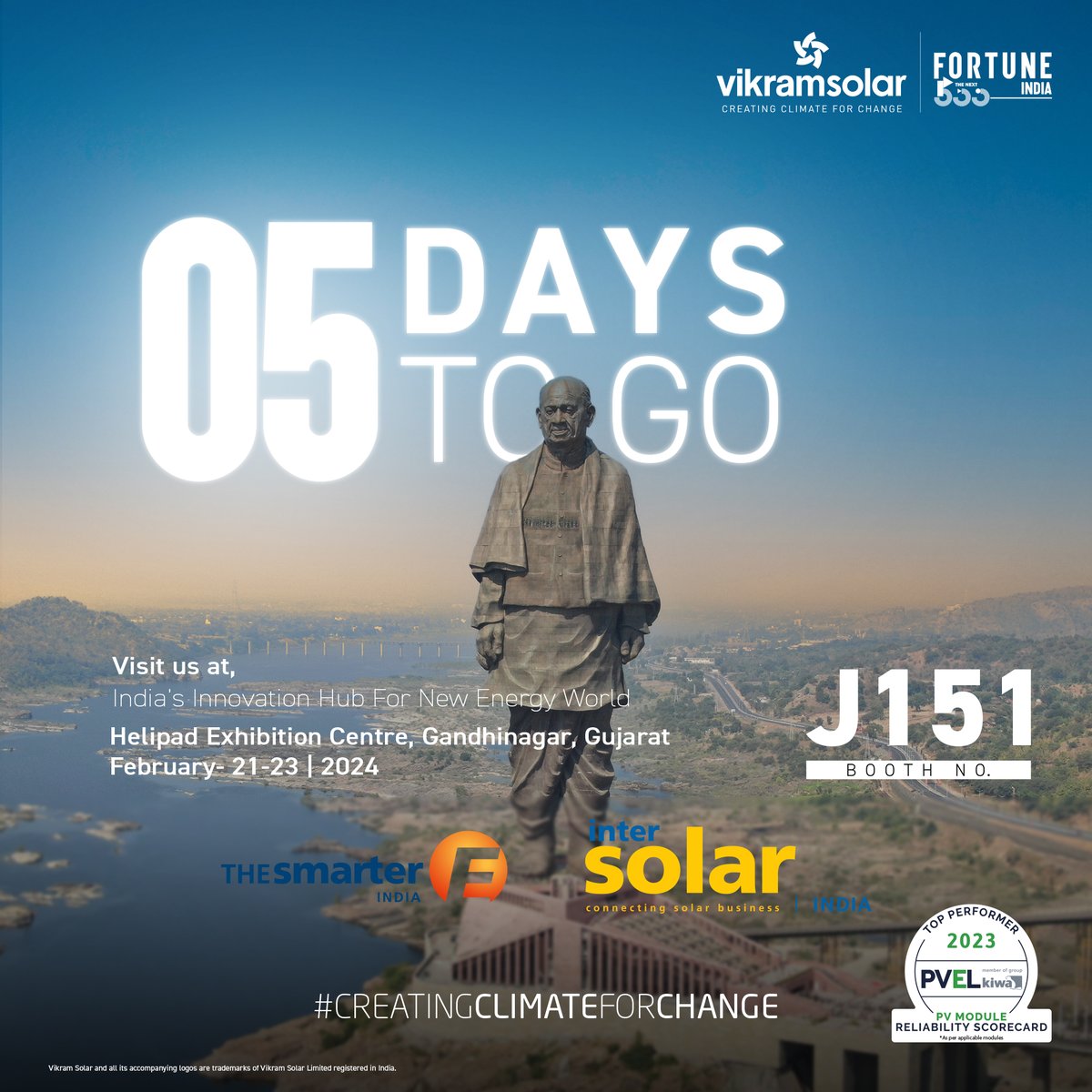 VikramSolar's tweet photo. 5 more days to go...
Come, Join us at @IndiaIntersolar at booth #J151 from February 21–23, 2024, Helipad Exhibition Centre, Gandhinagar, #Gujarat.
Let's #RE-Energize the future, together!- https://t.co/SDjDGRn04X
#VikramSolar #intersolar #exhibition #solar #Sustainability https://t.co/n7BUSVRvZ4