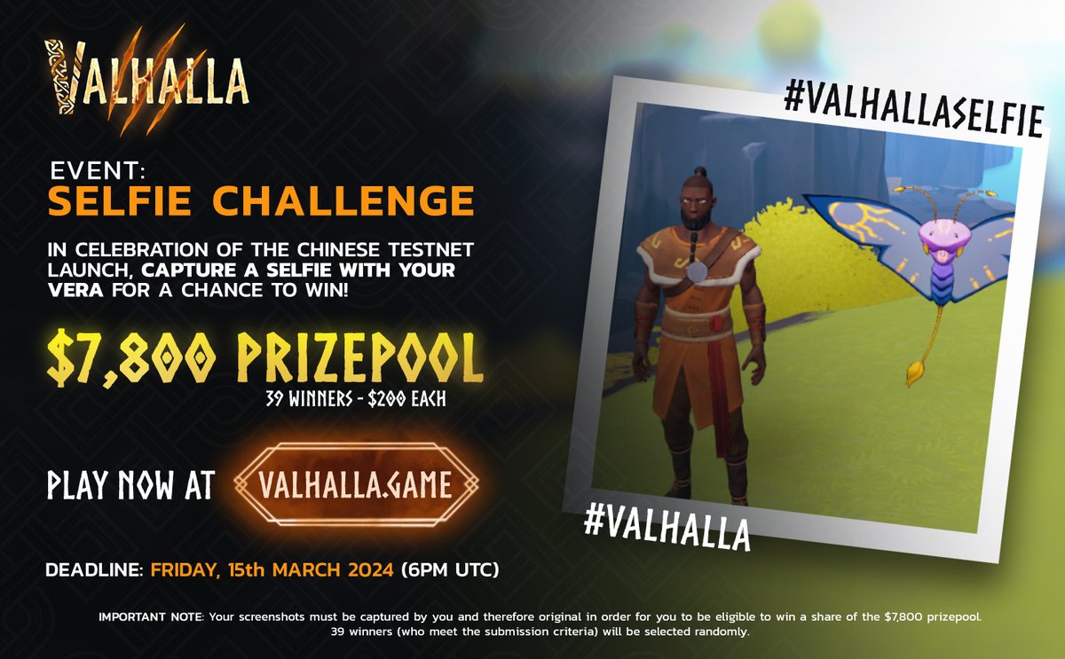 Valhalla Event: Selfie Challenge ($7,800 Prize Pool) Join us in celebrating #Valhalla's Chinese testnet launch by participating in our Selfie Challenge! Simply capture a selfie with your favorite Vera for a chance to win! 1/2