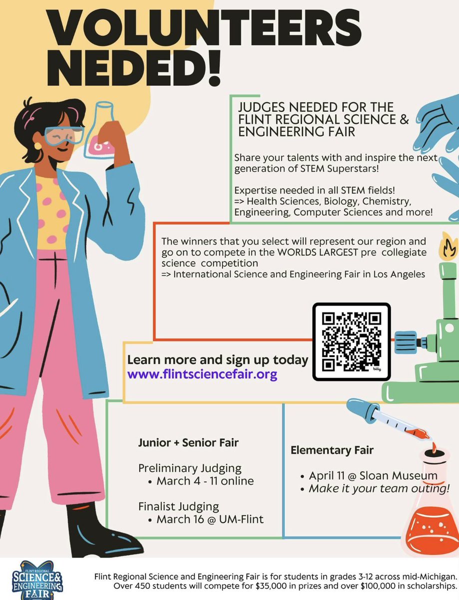 The Flint Regional Science &amp; Engineering Fair is looking for judges and volunteers for the 2024 fair events. A great way to inspire the next generation of STEM leaders!

Sign up today! bit.ly/FRSEFSignUp