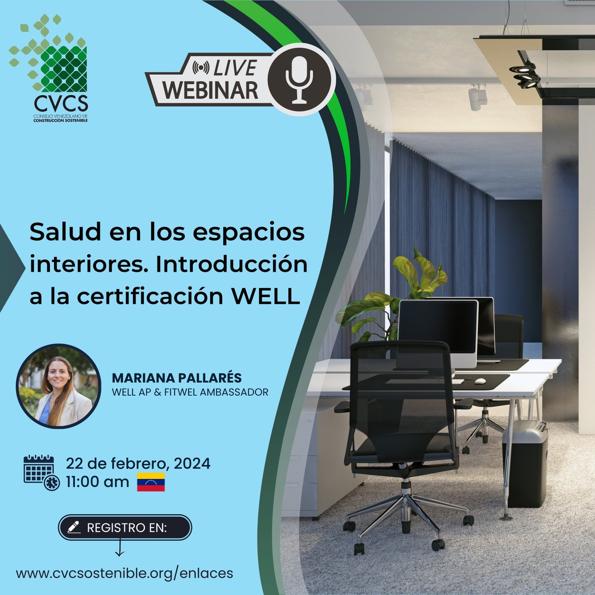 Invitamos a nuestro primer webinar del año:

Salud en los espacios interiores. Introducción a la certificación WELL

🗓️ Fecha: 22/02/2024
⏰ Hora: 11:00 am

Mejora la calidad del aire, reducen el estrés, aumentan la productividad y mejora el sueño. 

cvcsostenible.org/enlaces