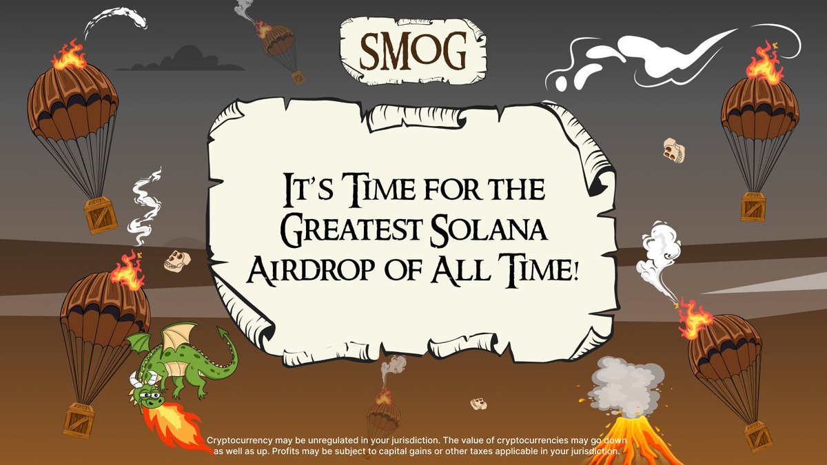 Almighty_Gives's tweet photo. Just came across this $SOL airdrop - @smogtoken 

Don't miss out on this one! 🐉

Buy, hold, and complete https://t.co/9NTpmBS86s quests to qualify in the airdrop and climb the leaderboard! 🥇

Here's some stats 👇
🌐 44K+ Cross platform Community
👥 20K Holders
💰 $63.92M MC

Join their Airdrop: 🪂 https://t.co/IbSlohJr7P
Buy $SMOG: 💸 https://t.co/qOcB6BZymn
Stake $SMOG: 🔄 https://t.co/OftXOm0M7W
$SMOG CMC: 📊 https://t.co/uHqOJVtwCs

DYOR & NFA 🤝