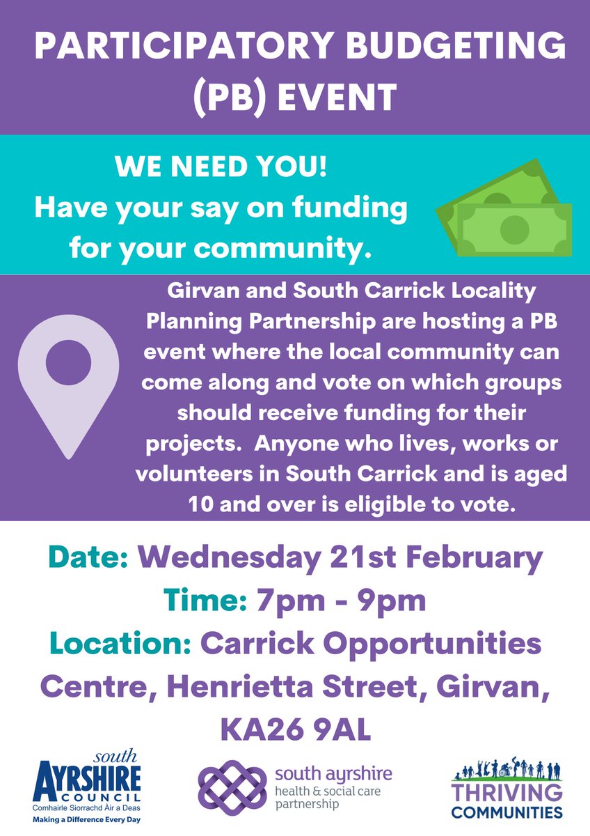 The Girvan and South Carrick Locality Planning Partnership are having their Participatory Budgeting event soon!

 RecoveryAyr will be one of the applicants and are inviting you to come have your say on the allocation of funding by voting for your favourite applicants.