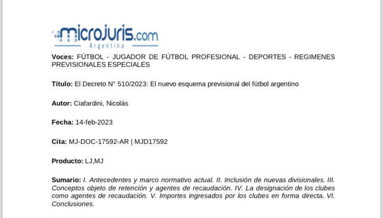 puglieseb's tweet photo. Salió publicado en @microjurisar el artículo de @nicociafa82 sobre el nuevo esquema previsional en el fútbol argentino y que será parte de la próxima edición de la Revista de Derecho del Deporte. 

#revistaderechodeportivo https://t.co/p6Av48wMlo