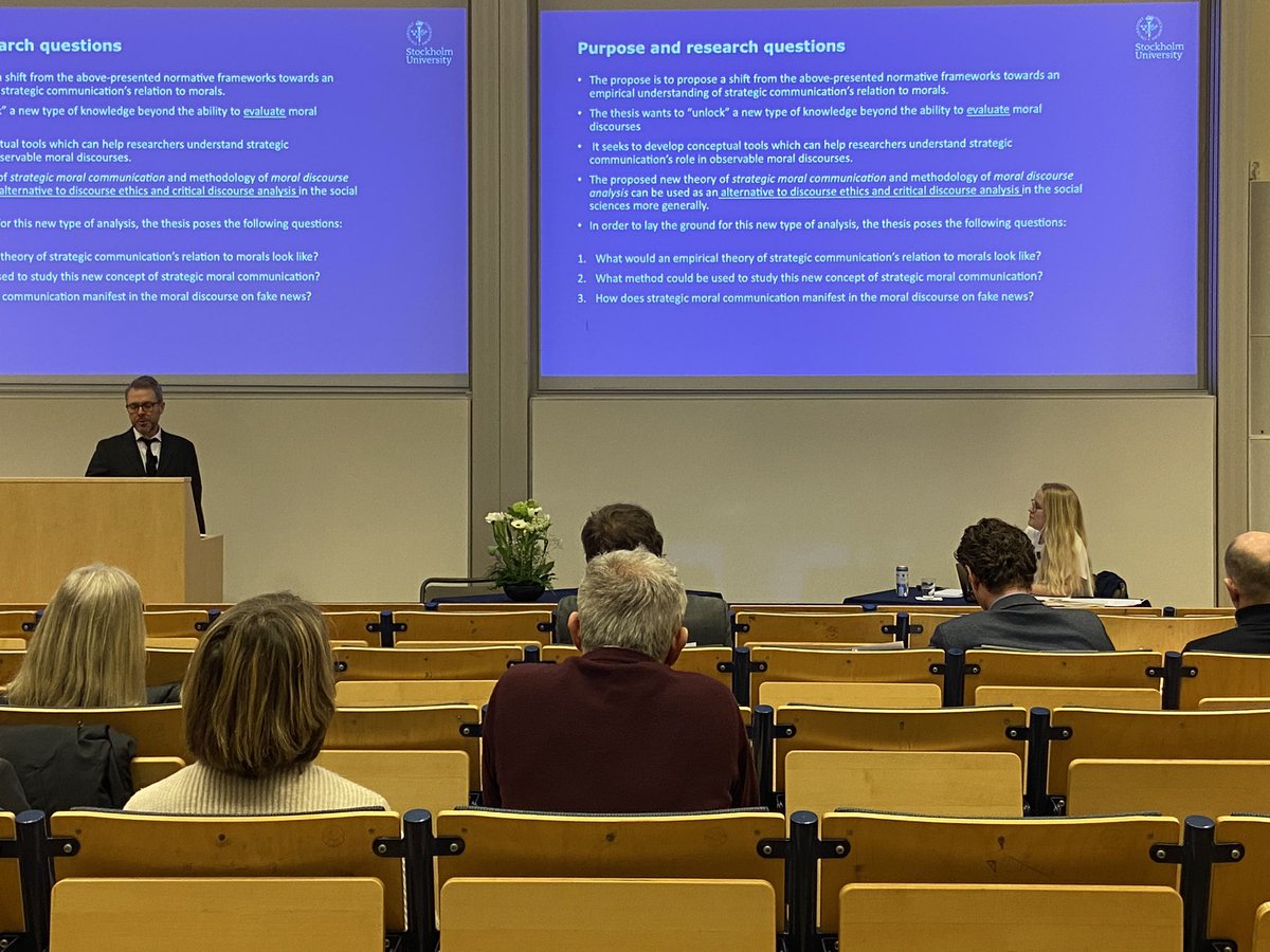 Alicia Fjällhed defending her important and impressive thesis ”Strategic moral communication: A metatheoretical and methodological response to the normative perspective on strategic communication” in coversation with faculty opponent @andreaswidholm @Lundsuni