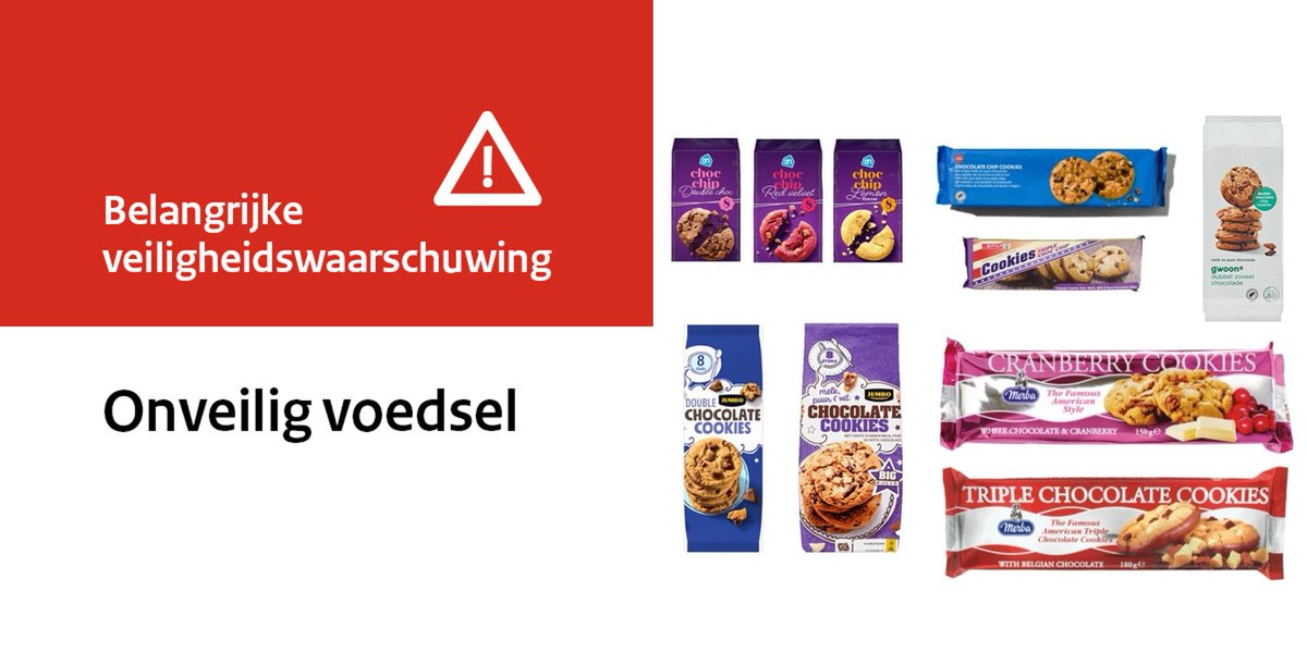 Veiligheidswaarschuwing chocoladekoekjes: Diverse supermarkten en winkels waarschuwen voor chocoladekoekjes. Het product bevat mogelijk kleine metaaldeeltjes. Eet de koekjes niet. Kijk op de website van de NVWA om welke producten het gaat. nvwa.nl/documenten/waa…