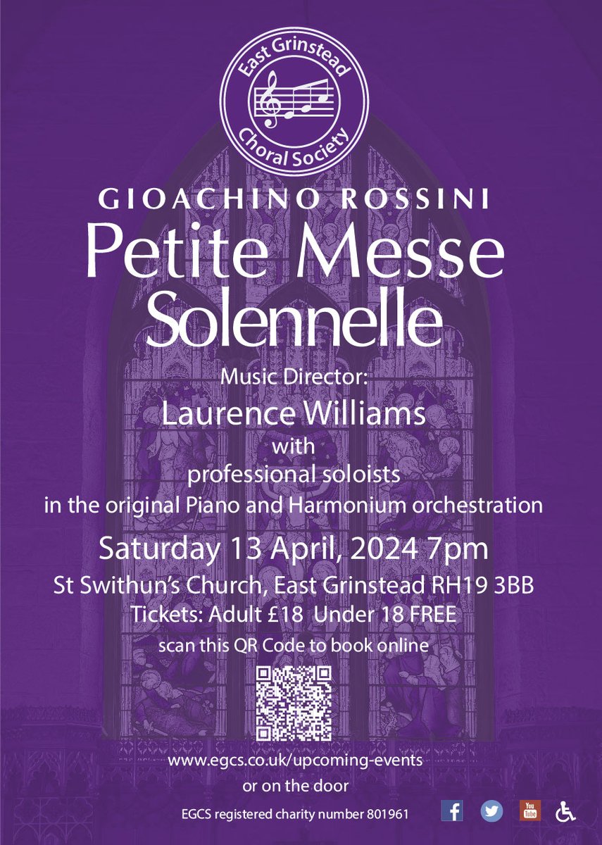 Join us on Saturday 13 April for Rossini’s wonderfully spirited Petite Messe Solennelle in the original Harmonium and Piano orchestration. With by professional soloists. Tickets now available from our website: egcs.co.uk/upcoming-events