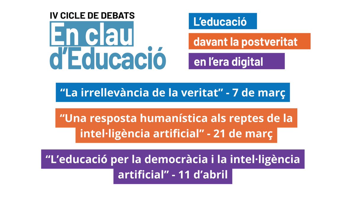 📣IV cicle de debats 'En clau d'Educació: l’educació davant la postveritat en l’era digital', organitzat pel #ConsellEducatiuBCN, el #ConsellFPBCN i <a href="/RosaSensat/">Associació de Mestres Rosa Sensat</a>

🗓️7/3, 21/3 i 11/4, a les 18h, al <a href="/MACBA_Barcelona/">MACBA | Museu | BCN</a>

👉Inscriu-te! ajuntament.barcelona.cat/educacio/ca/le…