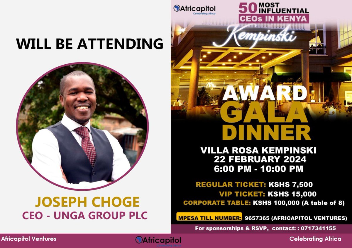 We are pleased to announce that Joseph Choge will be attending our Award Gala Dinner on February 22nd at Villa Rosa Kempinski. Join us to connect and build relationships with an engaged audience of decision makers on this amazing night. #galacountdown2024