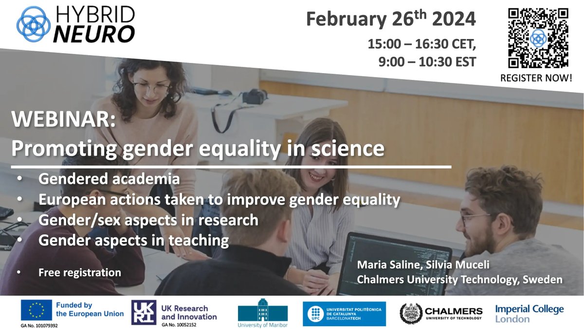 Do you believe in the power of diversity to drive innovation? Then mark your calendars for our upcoming webinar on "Promoting Gender Equality in Science"!
Date: 26.2.2024
Time: 15.00-16.30 (CET)
Location: (on-line, registration needed)
Secure your spot: hybridneuro.feri.um.si/webinars/regis…