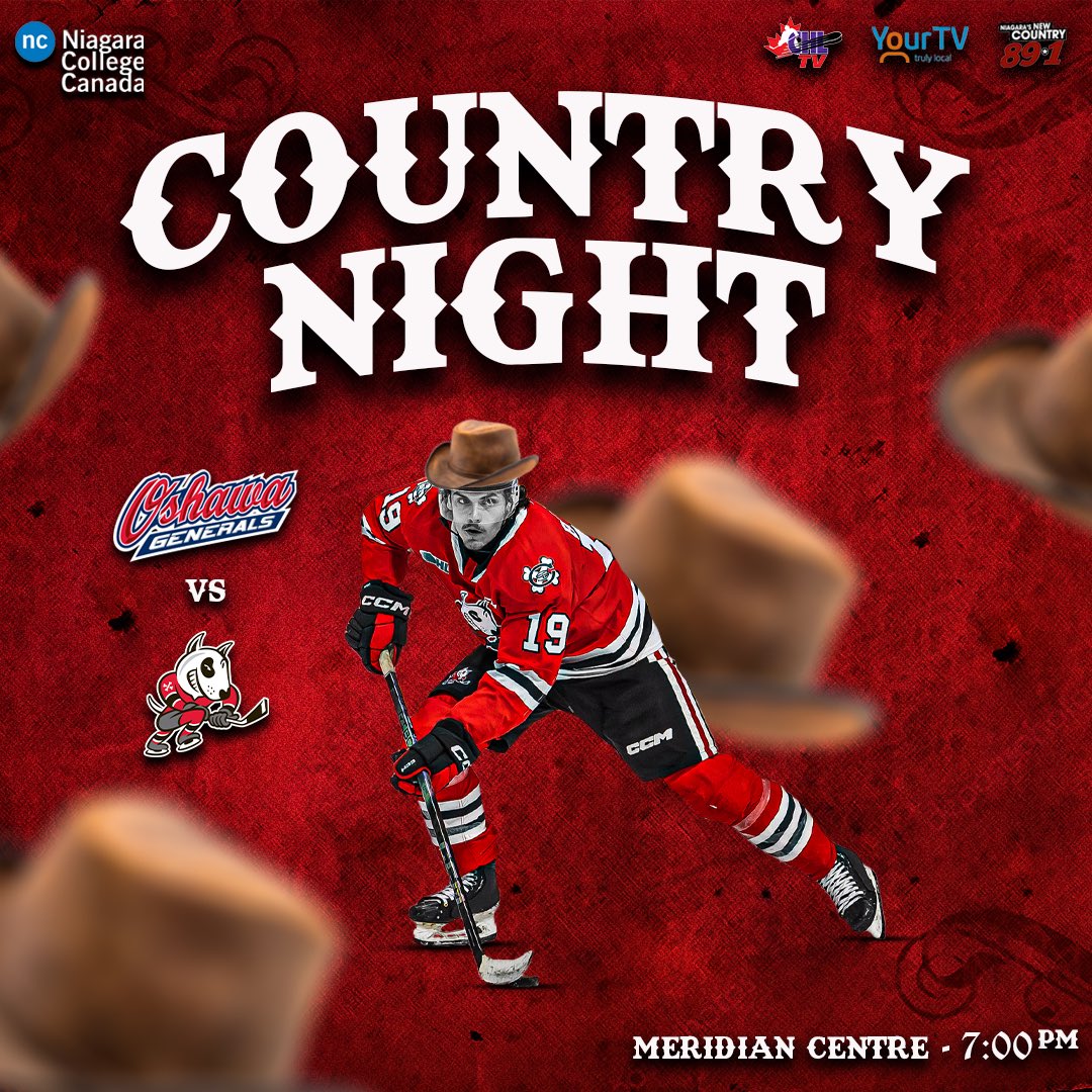 HOWDY, IT’S COUNTRY NIGHT 🐴 The first 1000 fans will receive a limited edition IceDogs cowboy hat 🤠 Tonight’s game is sponsored by @niagaracollege! ⏰: 7:00pm 🏟️: @MeridianCentre_ 🆚: @Oshawa_Generals 📺: @yourtvniagara / CHLTV 🎧: @country89_1 #NiagaraNow