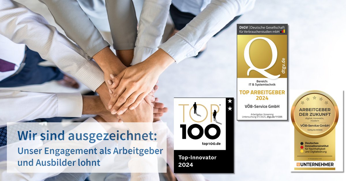 🤗 Wir freuen uns! VÖB-Service GmbH ist ausgezeichnet – und dies zum wiederholten Mal als „Top-Arbeitgeber IT &amp; Systemtechnik“, als „Arbeitgeber der Zukunft“ und als „Top-Innovator des deutschen Mittelstands". Die drei aktuell verliehenen Siegel und Prüf-Zertifikate zeigen, dass