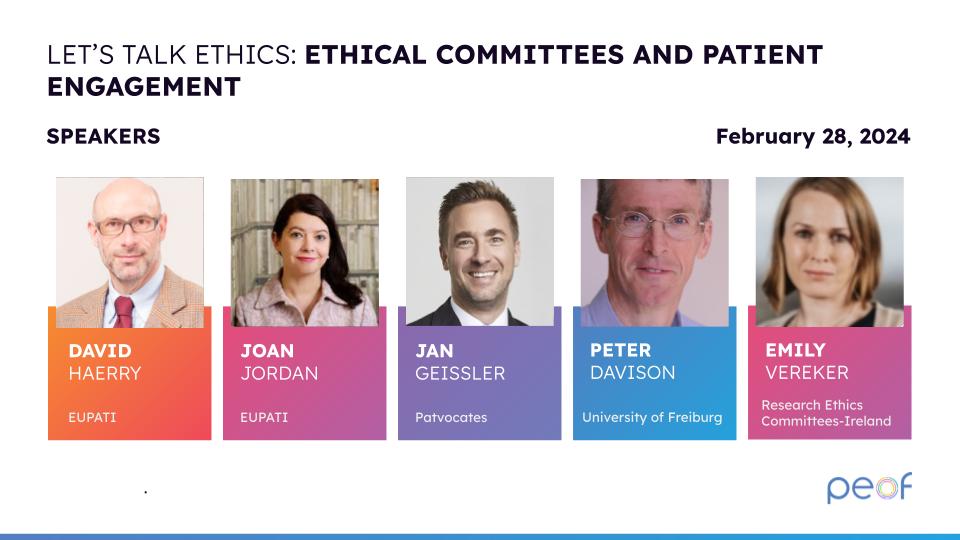 Join us on February, 28 for a captivating #virtual PEOF session: 'Let’s Talk Ethics: Ethical Committees and Patient Engagement.' 🌐 Uncover the dynamics of patient involvement in ethical committees, Register now! eu1.hubs.ly/H07CG650 #PatientEngagement