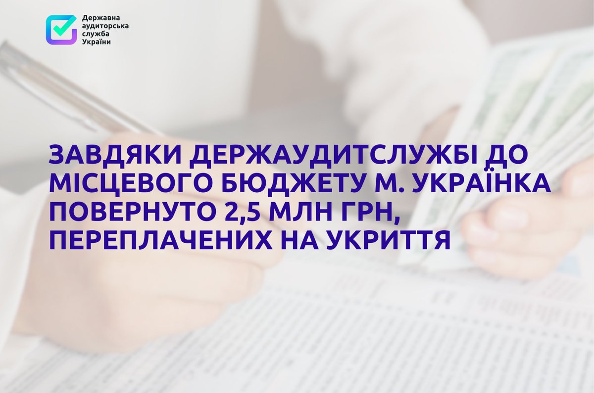 DASU_Ukraine's tweet photo. Завдяки Держаудитслужбі до місцевого бюджету м. Українка повернуто 2,5 млн грн, переплачених на укриття

Детальніше за посиланням:
https://t.co/h6q4AIr16O https://t.co/0qWLNjr0VV