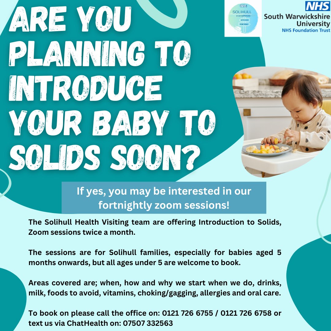 Are you planning to start introducing your baby to solids? 

We are now offering our 'Introduction to Solids' Zoom sessions fortnightly!  

To book on please call: 0121 726 6755 / 0121 726 6758 or text us via ChatHealth on: 07507 332563 

#introducingsolids #solihullparents