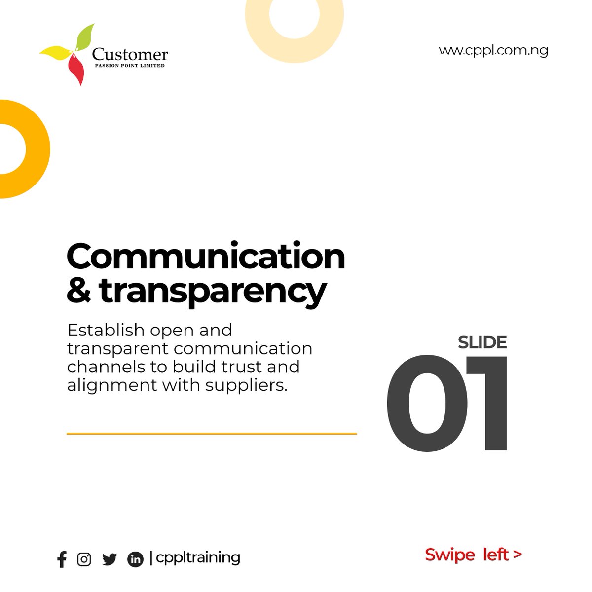 cppltraining's tweet image. As a procurement officer, discover 4 strategies for building strong supplier relationships

1. Communication and Transparency
2. Relationship Development
3. Collaboration and Partnership
4. Conflict Resolution

Follow for more

#procurementmastery #trainingalert #cppltraining