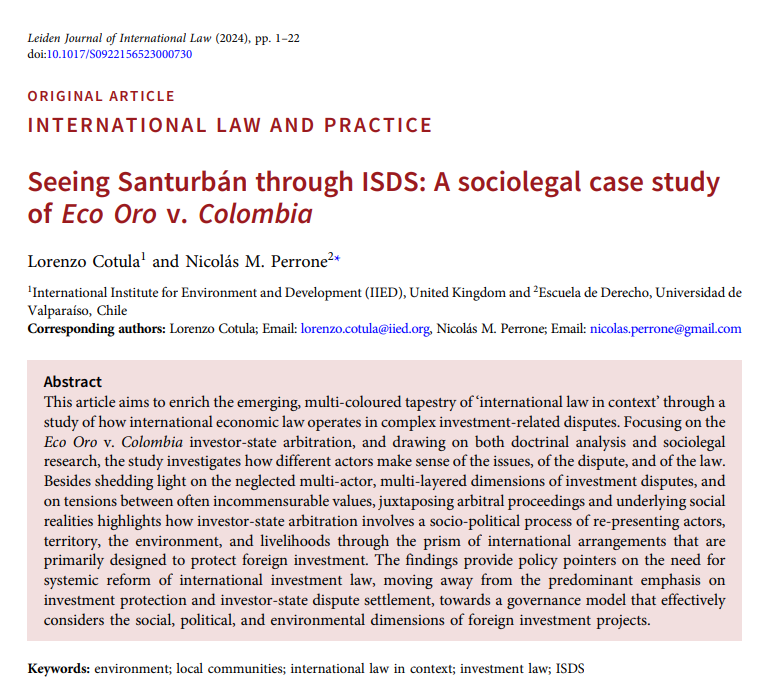 Thrilled that this socio-legal study of the Eco Oro dispute is finally out in @LJIL_Leiden ! As always, a pleasure working with @LCotula. Special thanks to all the interviewees in Bogotá, Bucaramanga, California and Vetas 1/4