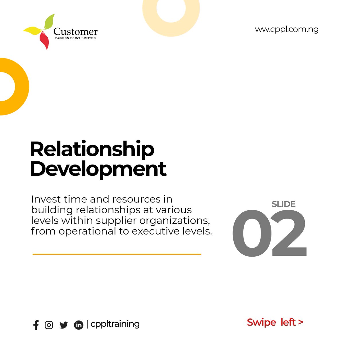 cppltraining's tweet image. As a procurement officer, discover 4 strategies for building strong supplier relationships

1. Communication and Transparency
2. Relationship Development
3. Collaboration and Partnership
4. Conflict Resolution

Follow for more

#procurementmastery #trainingalert #cppltraining