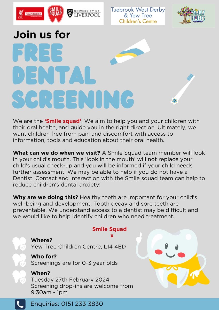 🦷🪥 The Smile Squad are coming to Yew Tree Children Centre on Tuesday 27th February, 9:30am - 1pm 🪥🦷

There will be FREE dental screening for 0-3 year olds. 

For more information, call 0151 233 3830.
#childrenscentre #healthyteeth #smilesquad  #familyhubs #liverpool