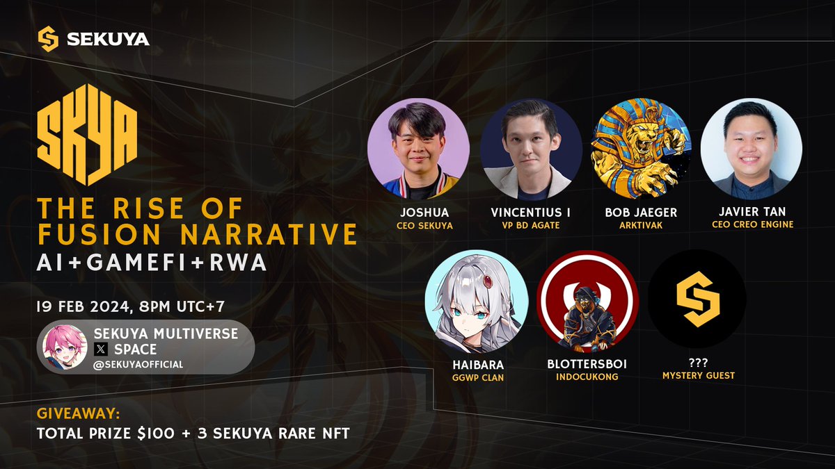 Join us on space: The Rise of Fusion Narrative with @AgateInt @KarafuruNFT @creo_engine @GGWP_Crypto & @Indo_Cukong !🎮 📅 Monday, Feb 19 / 8 PM UTC+7 🪙 $100 USDT + 3 Sekuya 3D Rare NFT Giveaway! 📍 x.com/i/spaces/1mrGm…