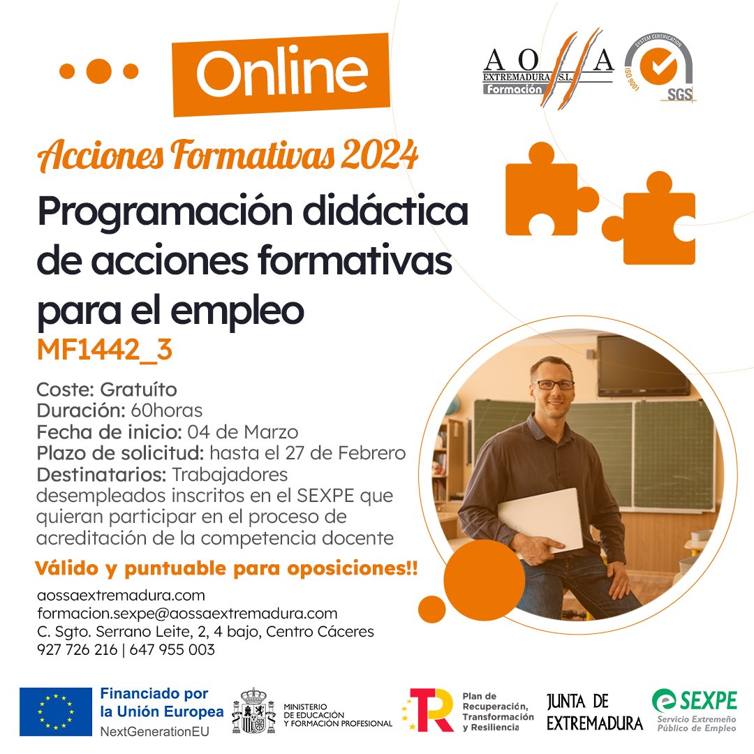 AossaExt's tweet image. AMPLIAMOS PLAZOS DE INSCRIPCIÓN
🧑🏫CURSO Programación Didáctica de Acciones Formativas para el Empleo (MF1442)
🏃♂️💨Solicita tu plaza aquí ¡Son limitadas!👇docs.google.com/.../1FAIpQLSeA…

#AossaFormación #AossaExt #Cáceres #Extremadura #FormaciónOnline #FormaciónCáceres #SEXPE