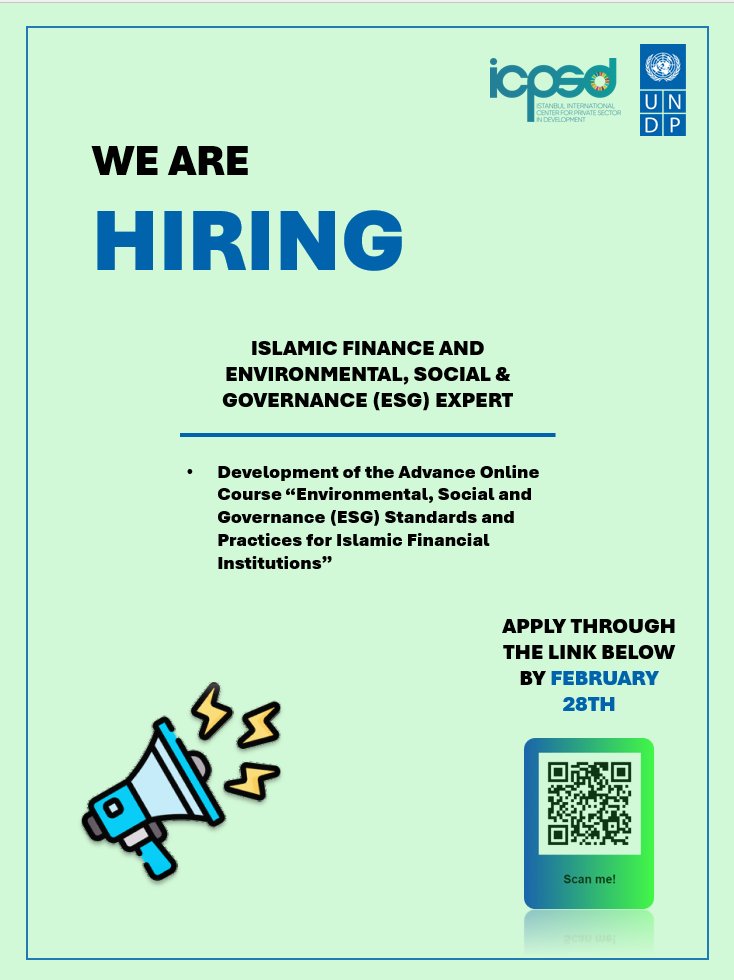IICPSD's tweet photo. 📢We are hiring

Are you an academic or sector professional with experience in Islamic finance, banking, sustainability &amp; Environmental, Social, and Governance (ESG)?

🗓️Register below for more information and apply by 28th of February!

👉https://t.co/XoUVMCeaUO https://t.co/tthe2YdzB1