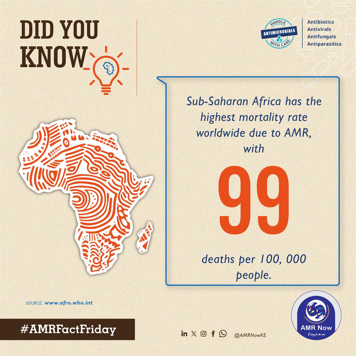 🦠#AMRFactFriday ⁉️DYK? 
Antimicrobial resistance is among the top 10 public health threats in the world. It occurs when bacteria, viruses, fungi, and parasites adapt over time and no longer respond to drugs, making it more complex to treat infections and increasing the risk of