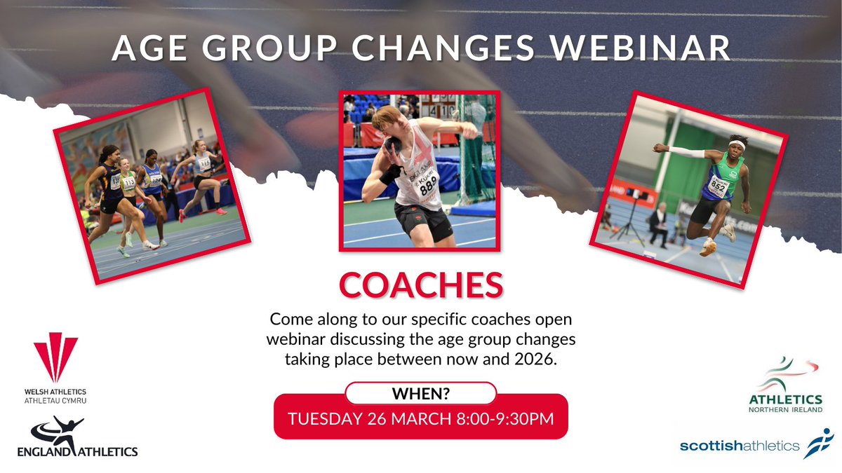 Following UK Athletics’ decision to approve proposals made by the Home Countries Athletics Federations to amend age groups, we're pleased to confirm we will be hosting three open webinars to discuss the next steps. Find out more and register to attend ➡ bit.ly/AGCWebinars
