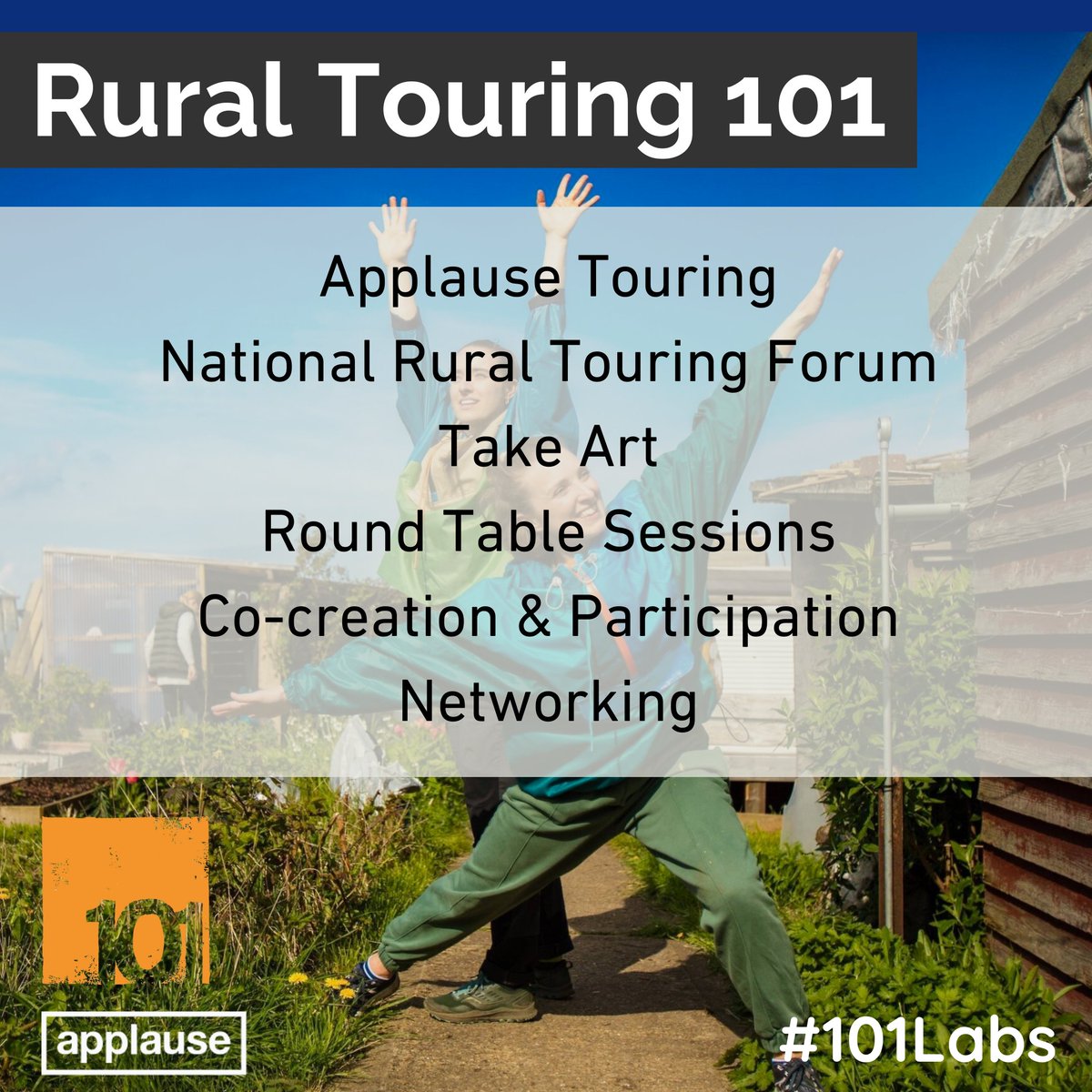 It's the #RuralTouring Lab this week! We'll be hearing from Sally Lampitt (@ApplauseTouring ), Holly Lombardo (@Ruraltouring ) & Danny Pedler (@TakeArt) & having conversations around co-creation & participation in a rural touring context 😍 Photo: @casson_friends #101Labs