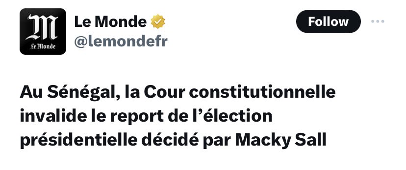 FreeSenegalNow's tweet photo. @hayatifall C’est que Français ci bopam mougnou sonal… motahh à l’international on dû mal à véhiculer certains témoignages clés de ce qu’on a vécu ralentissement ainsi le “tassement” du message.

Bro tu peut juste dire “cons cons”.

Même Le Monde a dit Cours Constitutionnel 😂 https://t.co/ojlU4EnIV1