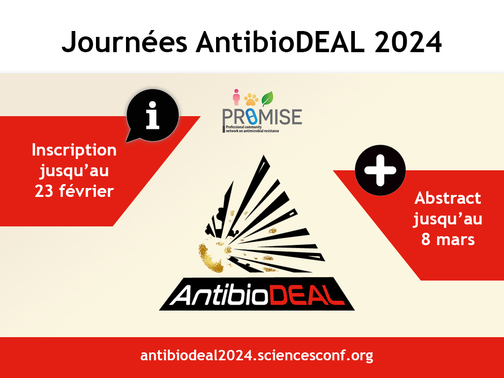 👥 𝗦𝗮𝘃𝗲 𝗧𝗵𝗲 𝗗𝗮𝘁𝗲 | Journées AntibioDEAL 2024

👉 Les 8 et 9 avril 2024 au Kremlin-Bicêtre, le réseau <a href="/AntibioDEAL/">AntibioDEAL</a> organise ses journées annuelles ❗️ ➡️ amr-promise.fr/fr/francais-sa…

➕ Programme prévisionnel, inscription et infos sur le site dédié : antibiodeal2024.sciencesconf.org