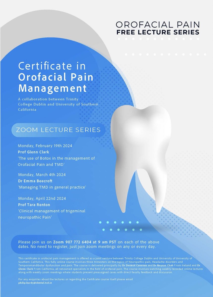 Check out this unique opportunity to participate in a FREE Orofacial Pain lecture series. This collaboration between Trinity College Dublin and University of Southern California starts Monday, February 19th at 9:00 a.m. No need to register, join Zoom with code 907 772 6404.