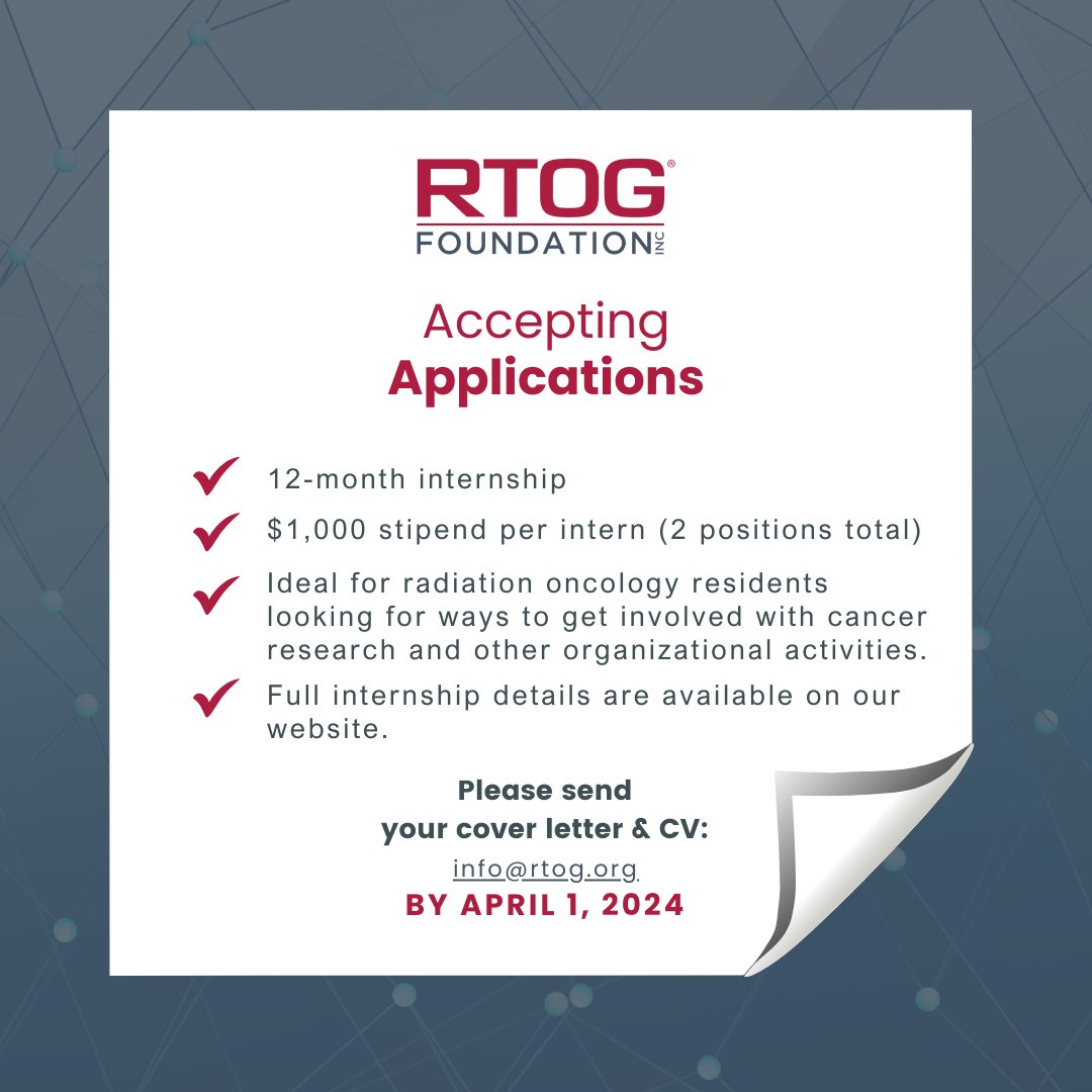 #NRG2024 Attendees, don't miss this opportunity: RTOGF is currently accepting applications for RTOGF Communications Interns (2024-2025) App deadline APRIL 1, 2024. Read more about the positions available (2) & apply: ow.ly/TBRJ50QsbcP @whallradonc @KHigginsMD @fumikochino