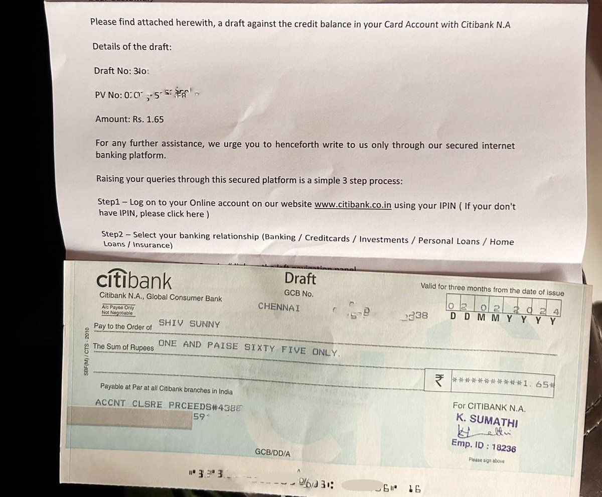 I recently deactivated my Citibank credit card. In response, they have sent me a demand draft for Rs 1.65 as credit balance on my card.

While I appreciate their integrity, I don't really know what to do with all this money.