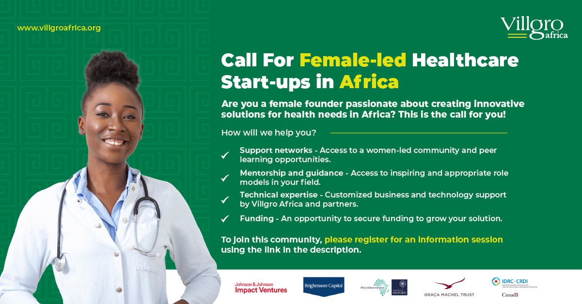 📢 📢 📢 New funding call! We're looking for female African founders with health solutions that offer potential for widespread impact on society. If this is you, register for one of our info sessions to learn about what we offer & how to apply! Register: zoom.us/meeting/regist…