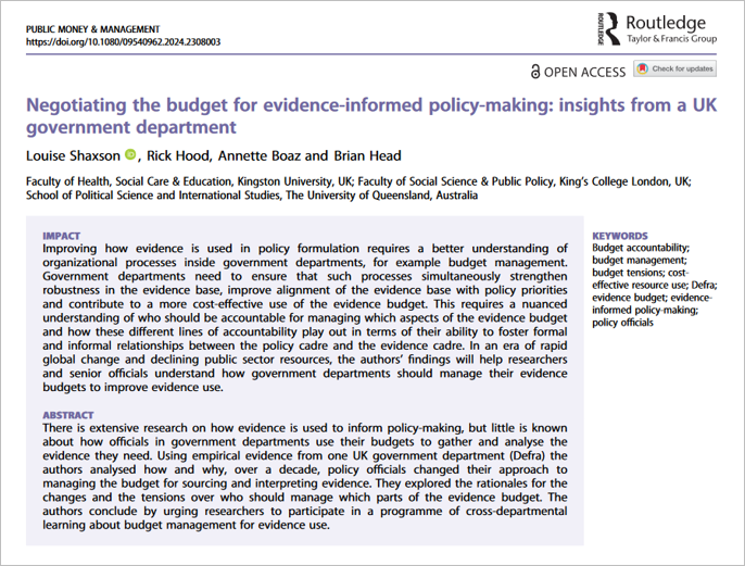 Research about #EvidenceInformed #DecisionMaking is extensive; yet, how organizational processes shape #EvidenceUse is not well known. Shaxson, Hood, @AnnetteBoaz, & Head studied how #BudgetManagement affected evidence use in a UK government department doi.org/10.1080/095409…