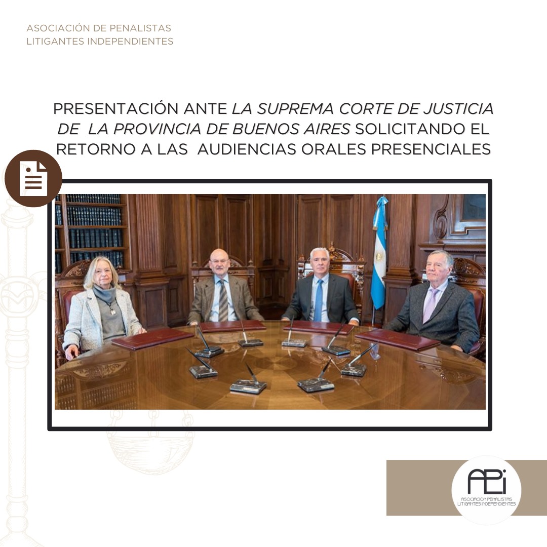 #laplata La Asociación de Penalistas Litigantes Independientes (APLI), a través de su titular, el abogado Damián Barbosa, elevó una nota a la SCJBA para pedir el retorno de las audiencias orales presenciales. Dijeron que muchos tribunales mantienen la virtualidad de la pandemia.