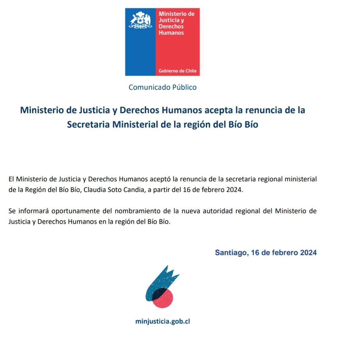 N_PrensaCL's tweet photo. ⚡️Ministerio de Justicia informa la renuncia voluntaria de la Seremi Claudia Soto, cuestionada por su tesis universitaria y por sus desavenencias con funcionarios de la Corporación de Asistencia Judicial https://t.co/VwiOb5GGZ2