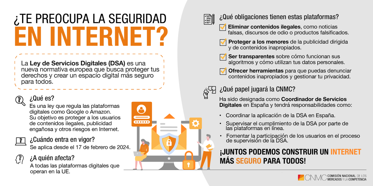 Mañana empieza a aplicarse la Ley de Servicios Digitales (#DSA). ¿Qué es? ¿A quién afecta? ¿Qué papel jugará la #CNMC?

🔎 Te lo contamos en nuestro blog y en la siguiente infografía: bit.ly/3uEXJTh