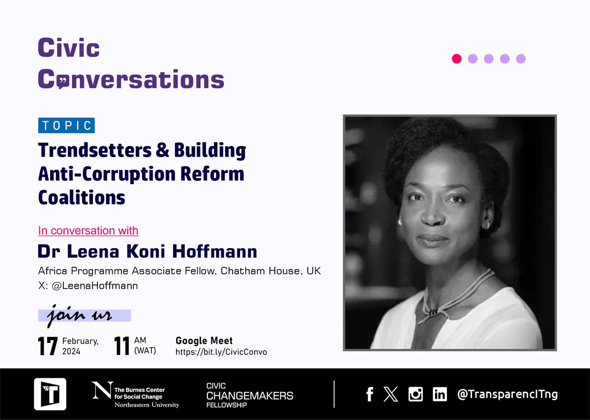 We are excited to announce our first Civic Conversations series! Join us this Saturday for a discussion with @LeenaHoffmann from @ChathamHouse on Trendsetters & Building Anti-Corruption Reform Coalitions. Join via bit.ly/CivicConvo #CivicConversations #CivicChangemakers