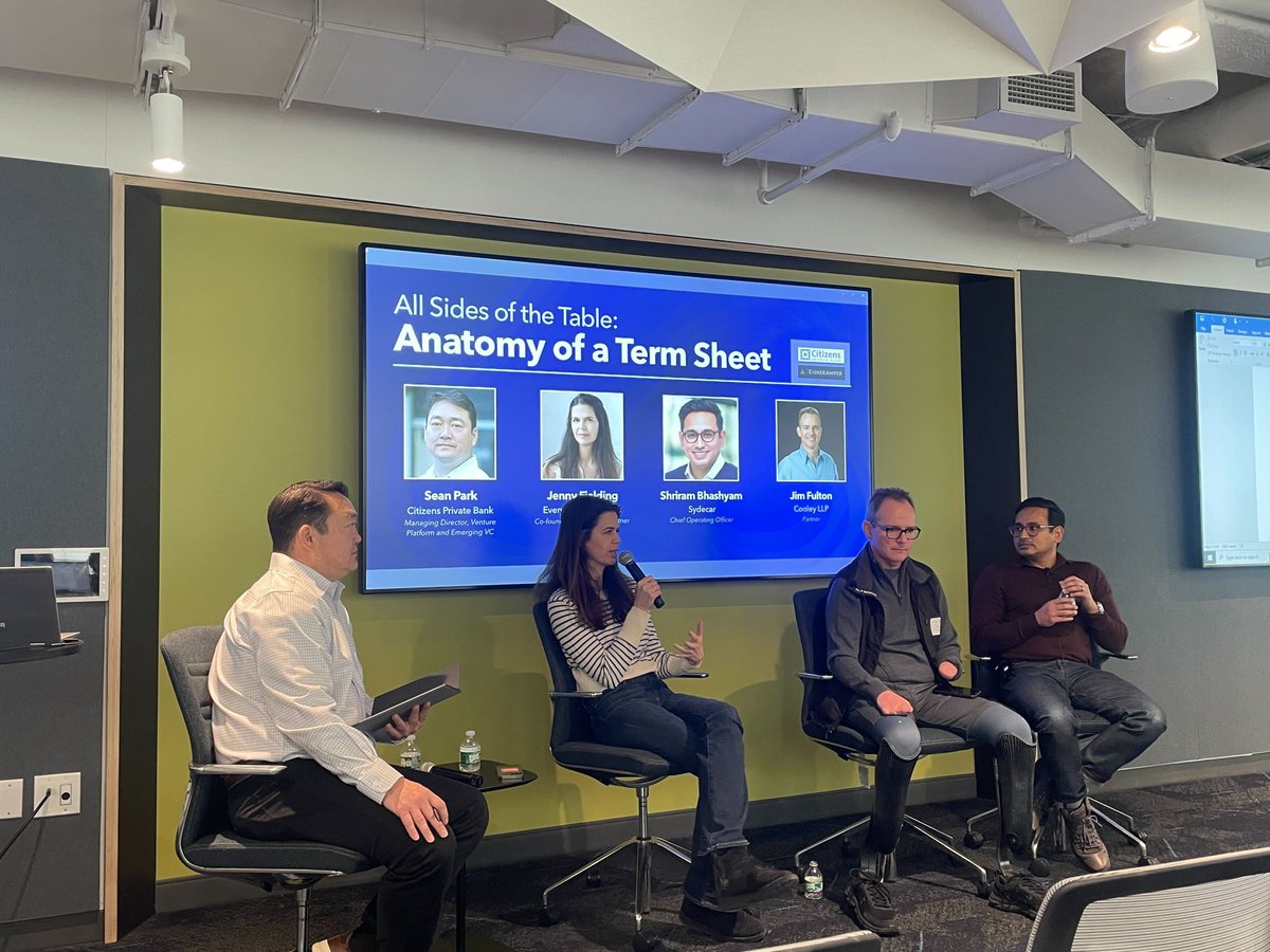 Everywhere Ventures (@everywherevc) on Twitter photo 📝Term sheets aren't sexy but mastering key points & negotiation is key. No better experts to join than Jim Fulton at <a href="/CooleyLLP/">Cooley LLP</a>, Sean Park at <a href="/CitizensBank/">Citizens</a> & <a href="/ShriBhashyam/">Shri</a> at <a href="/sydecario/">Sydecar</a>.
Thanks to <a href="/theron/">Theron McCollough</a> at <a href="/CitizensBank/">Citizens</a> for hosting & including <a href="/jefielding/">Jenny Fielding</a> in the discussion. 📝Term sheets aren't sexy but mastering key points & negotiation is key. No better experts to join than Jim Fulton at <a href="/CooleyLLP/">Cooley LLP</a>, Sean Park at <a href="/CitizensBank/">Citizens</a> & <a href="/ShriBhashyam/">Shri</a> at <a href="/sydecario/">Sydecar</a>.
Thanks to <a href="/theron/">Theron McCollough</a> at <a href="/CitizensBank/">Citizens</a> for hosting & including <a href="/jefielding/">Jenny Fielding</a> in the discussion.