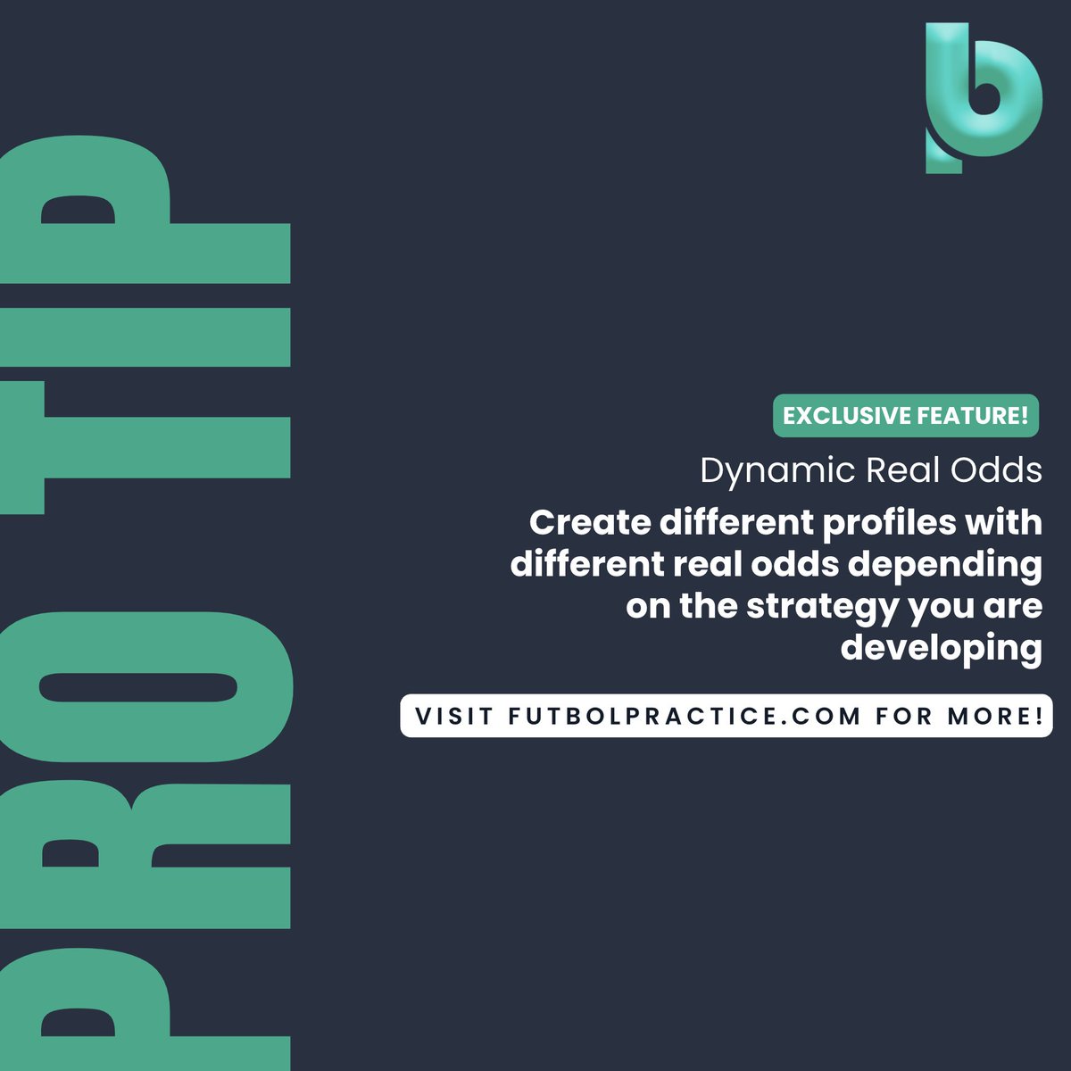 𝙀𝙓𝘾𝙇𝙐𝙎𝙄𝙑𝙀 𝙁𝙀𝘼𝙏𝙐𝙍𝙀!
𝙳𝚢𝚗𝚊𝚖𝚒𝚌 𝚁𝚎𝚊𝚕 𝙾𝚍𝚍𝚜
Did you know that you can create different profiles with different real odds depending on the strategy you are developing?

Visit futbolpractice.com for more!