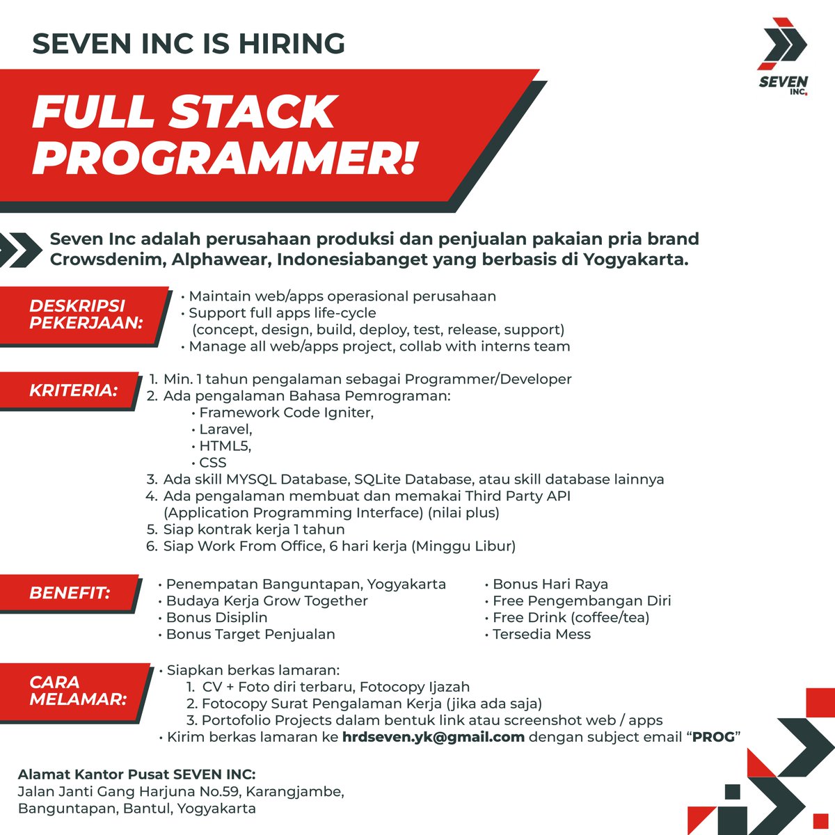 Hrd_SevenInc's tweet photo. Seven Inc. is Hiring!
FULLSTACK PROGRAMMER
Seven Inc. adalah perusahaan produksi dan penjualan pakaian pria dengan brand Crowsdenim, Alphawear yang berada di Yogyakarta. https://t.co/7IOf9CjwC3