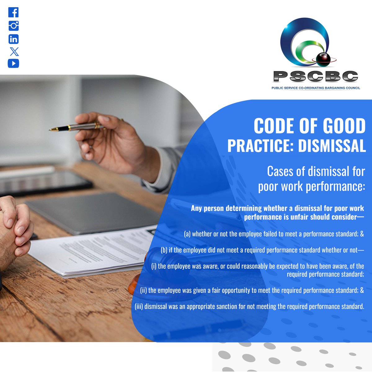 pscbcnews's tweet photo. Any person determining whether a dismissal for poor work performance is unfair should consider:  #codeofgoodpractice #dismissals #PSCBC https://t.co/TzF1uEzbhq